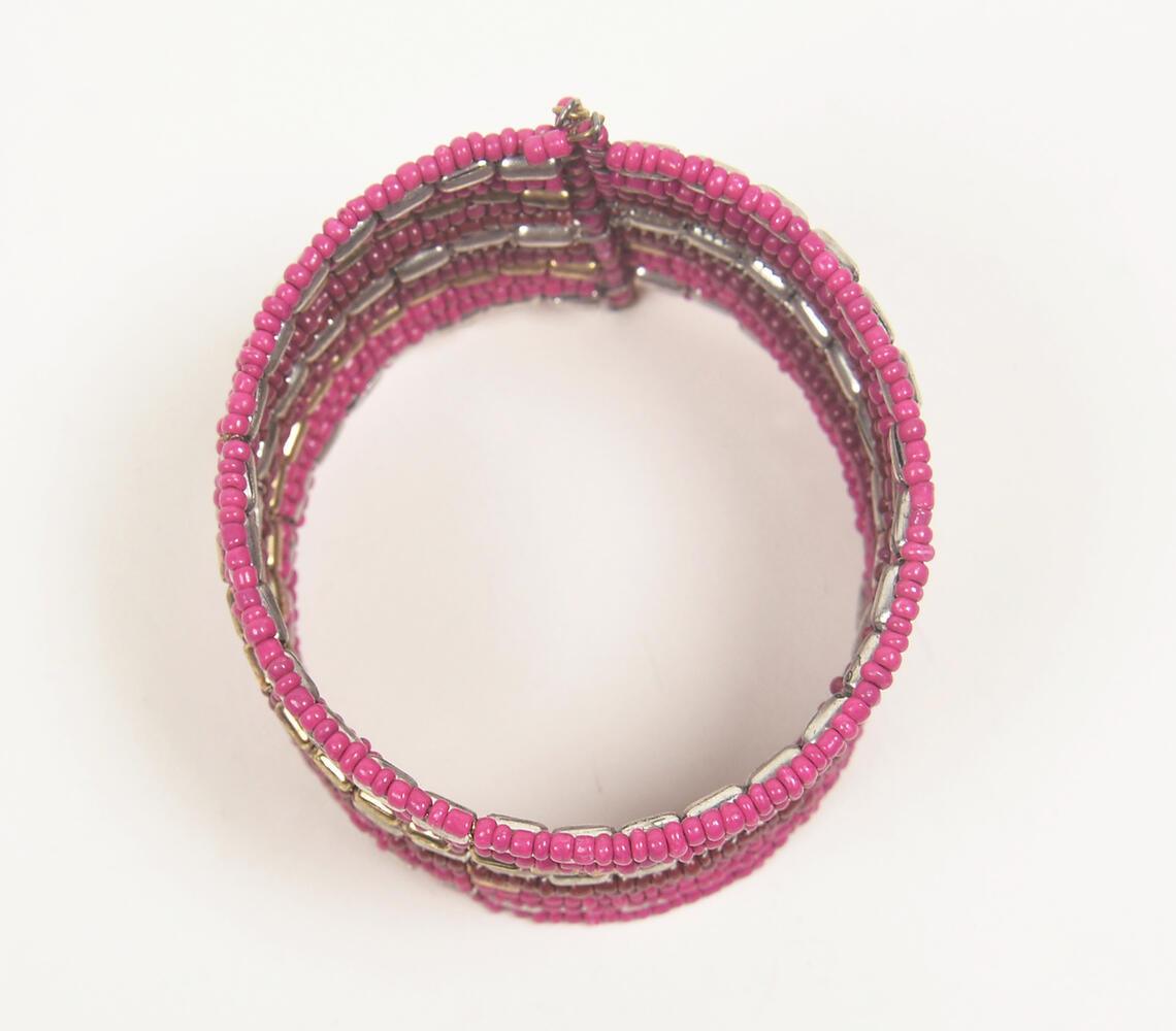 Fuschia Glass Beaded Stacked Cuff Bracelet - GAAIA