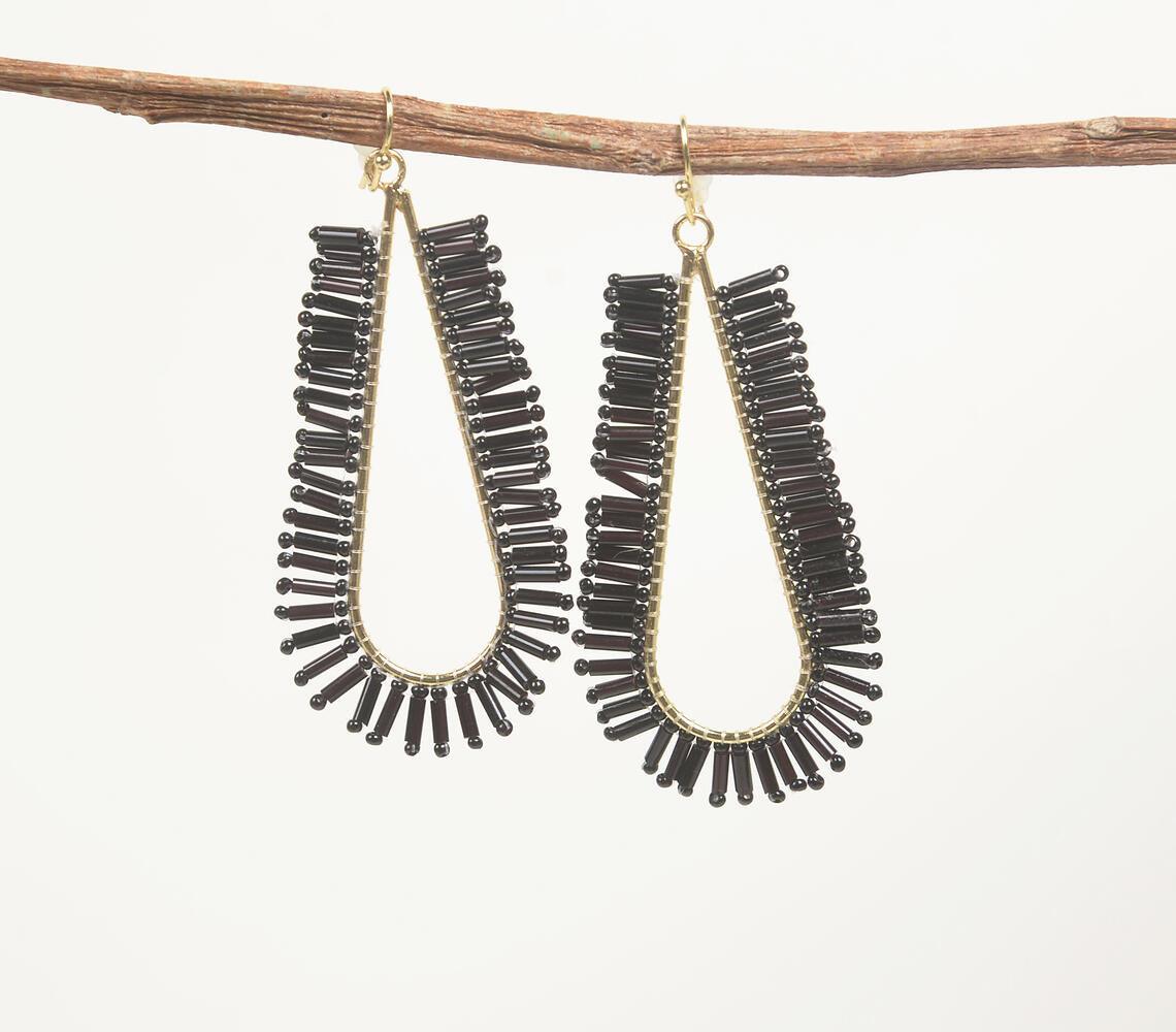 Gold-Toned Iron & Black Glass Beads Drop-Shaped Dangle Earrings - GAAIA