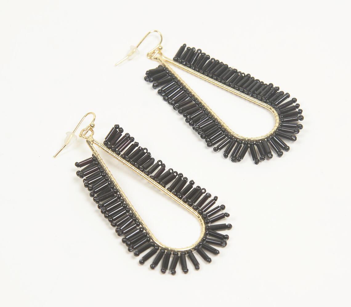 Gold-Toned Iron & Black Glass Beads Drop-Shaped Dangle Earrings - GAAIA