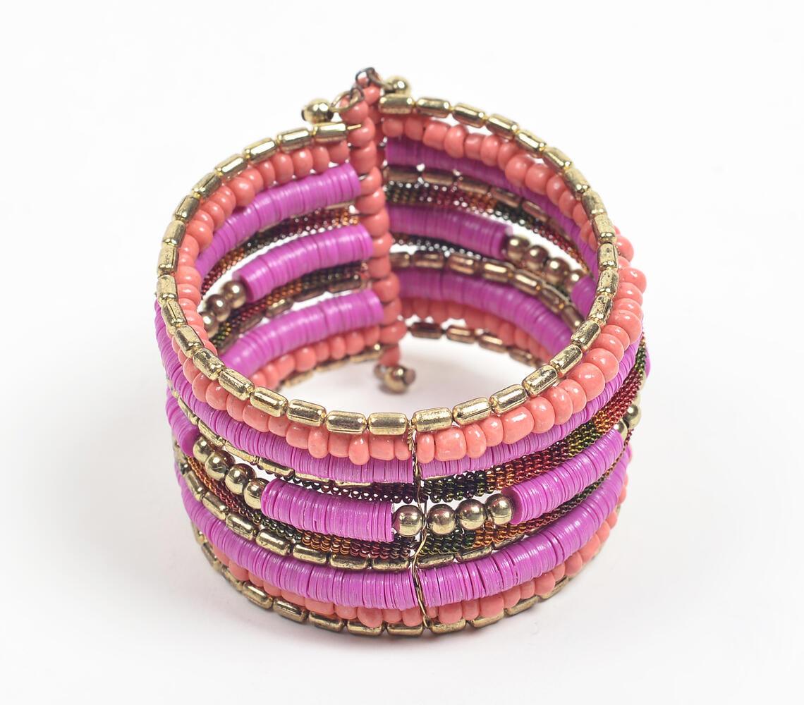 Gold-Toned Iron & Pink Beaded Cuff Bracelet - GAAIA