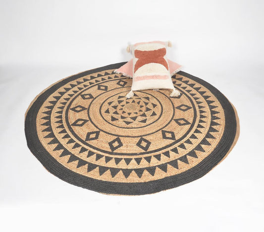 Hand Block Printed Geometric-Floral Spiral Jute Rug - GAAIA