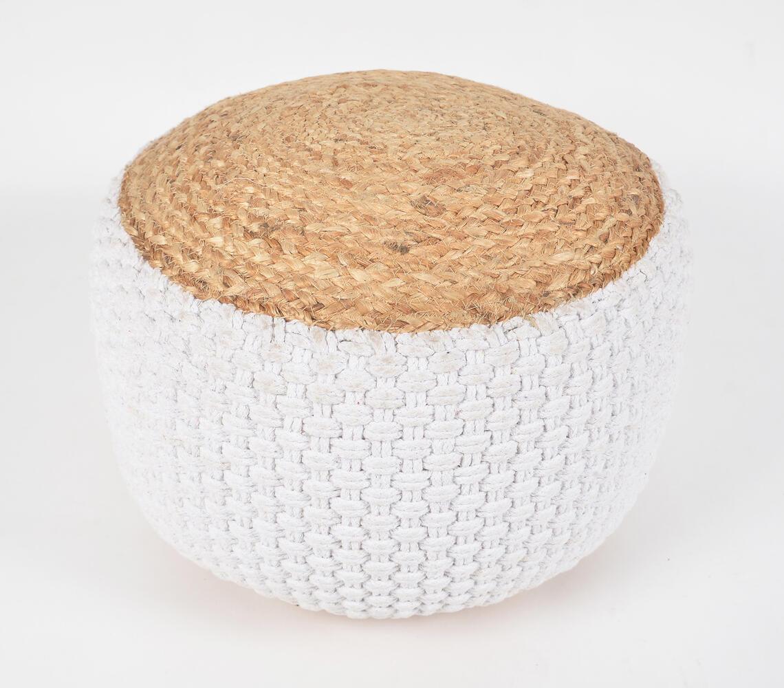 Hand Braided Jute & Daisy White Cotton Pouf - GAAIA