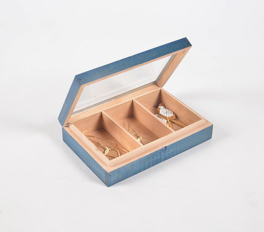 Hand Cut Steam Beech Wood Blue Jewelry Box - 3 Compartments - GAAIA