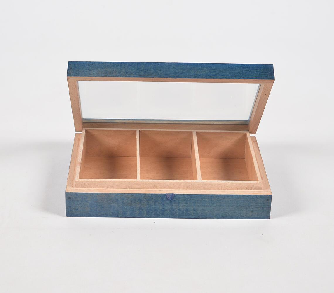 Hand Cut Steam Beech Wood Blue Jewelry Box - 3 Compartments - GAAIA