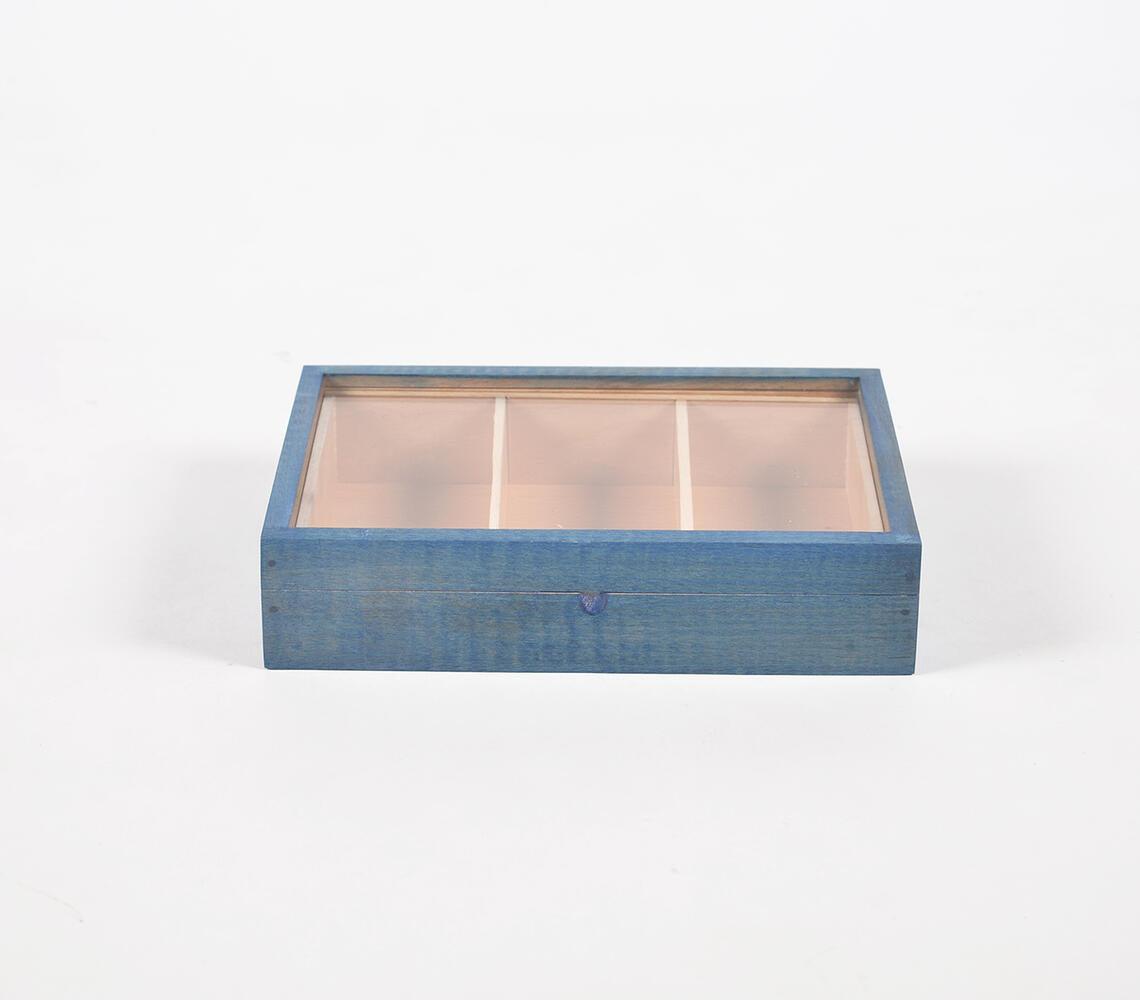 Hand Cut Steam Beech Wood Blue Jewelry Box - 3 Compartments - GAAIA