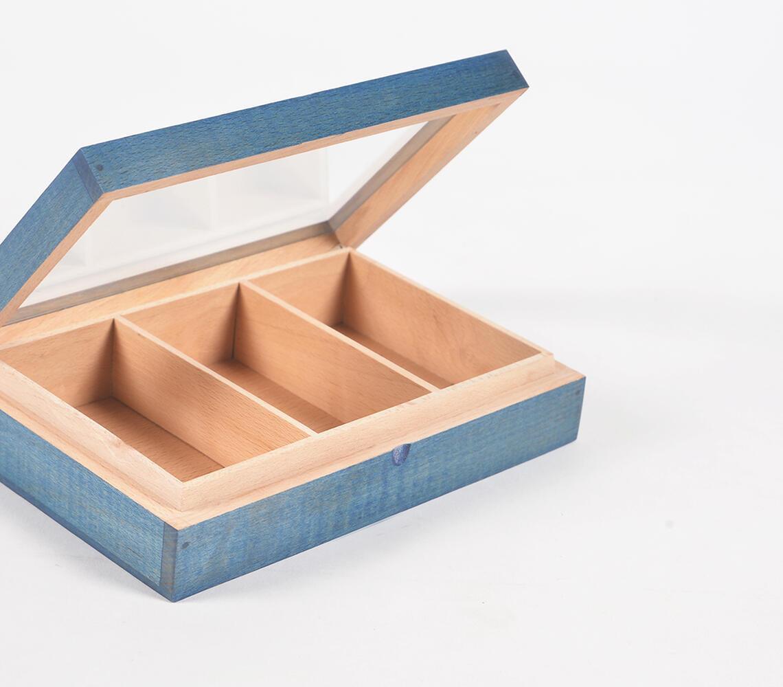 Hand Cut Steam Beech Wood Blue Jewelry Box - 3 Compartments - GAAIA