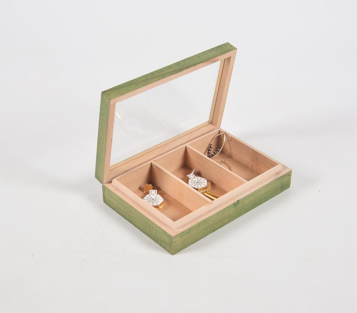 Hand Cut Steam Beech Wood Green Jewelry Box - 3 Compartments - GAAIA