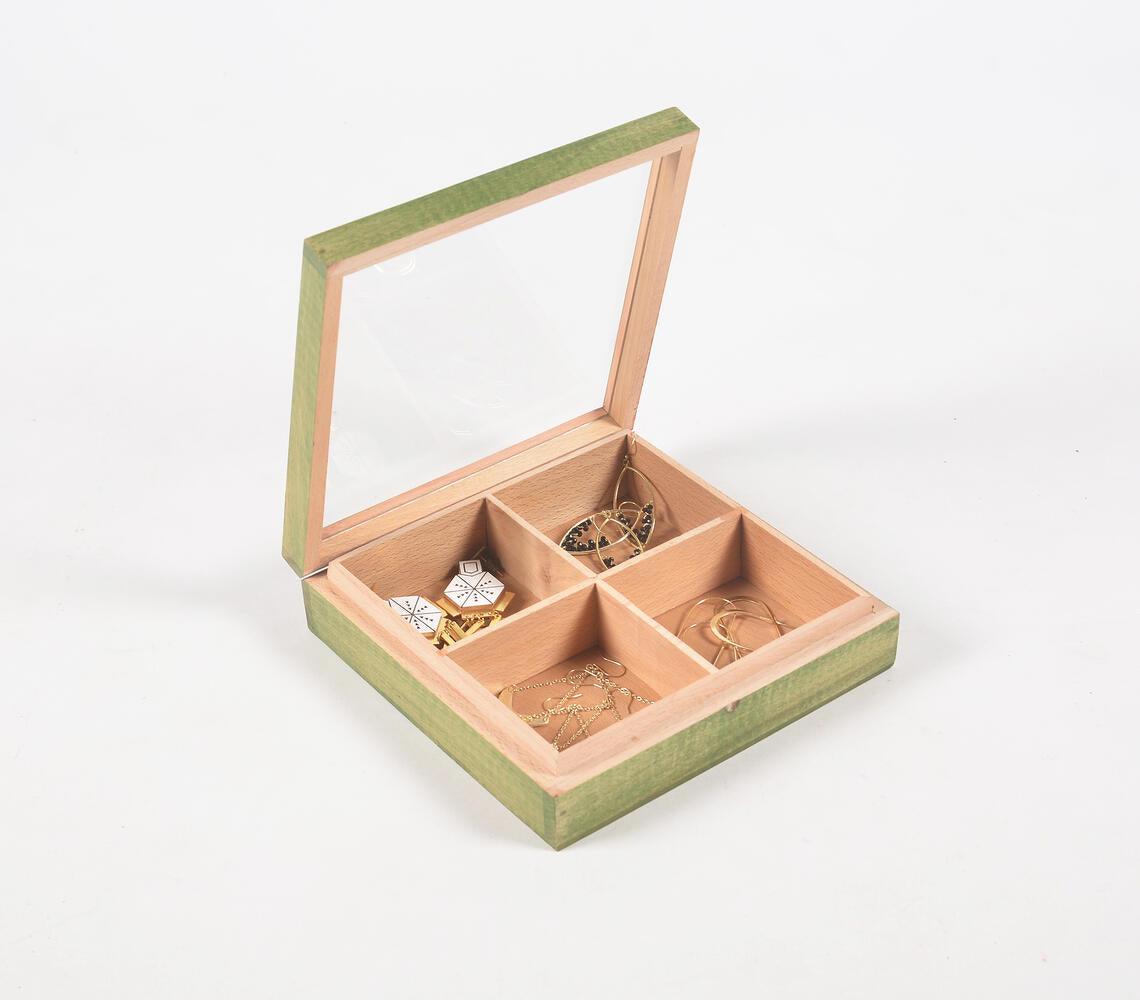 Hand Cut Steam Beech Wood Green Jewelry Box - 4 Compartments - GAAIA