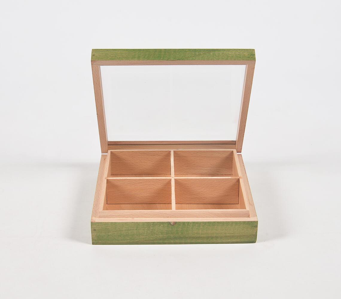 Hand Cut Steam Beech Wood Green Jewelry Box - 4 Compartments - GAAIA