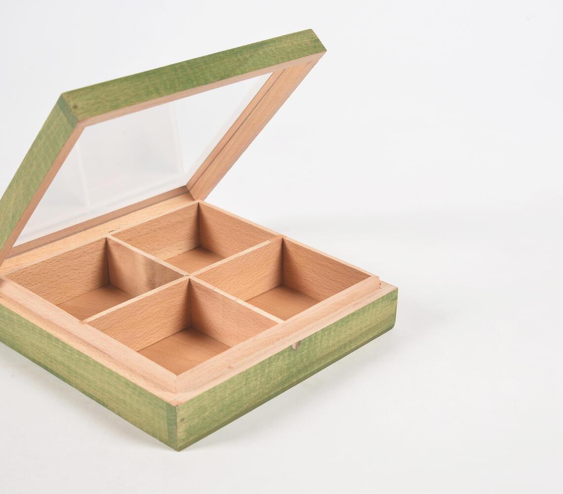 Hand Cut Steam Beech Wood Green Jewelry Box - 4 Compartments - GAAIA