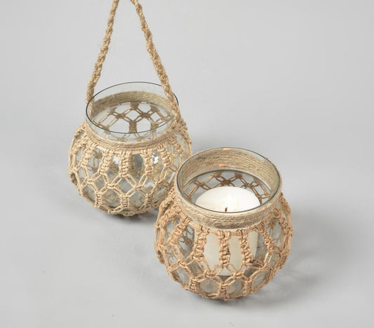 Hand Knotted Jute & Glass Jar Candle Holders (Set of 2) - GAAIA