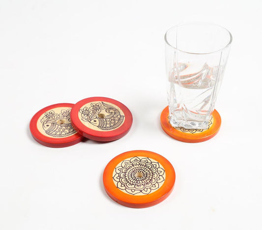 Hand Painted & Turned Wooden Channapatna Coasters with Stand (set of - GAAIA