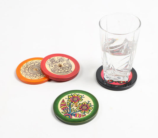 Hand Painted & Turned Wooden Channapatna Coasters with Stand (set of - GAAIA