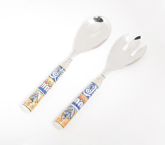 Hand Painted Ceramic & Stainless Steel Salad Servers Combo - GAAIA