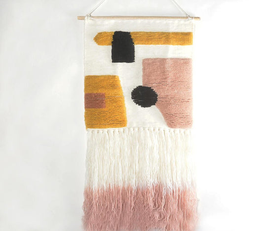 Handwoven & Tufted Abstract Wall Hanging with Ombre Fringes - GAAIA