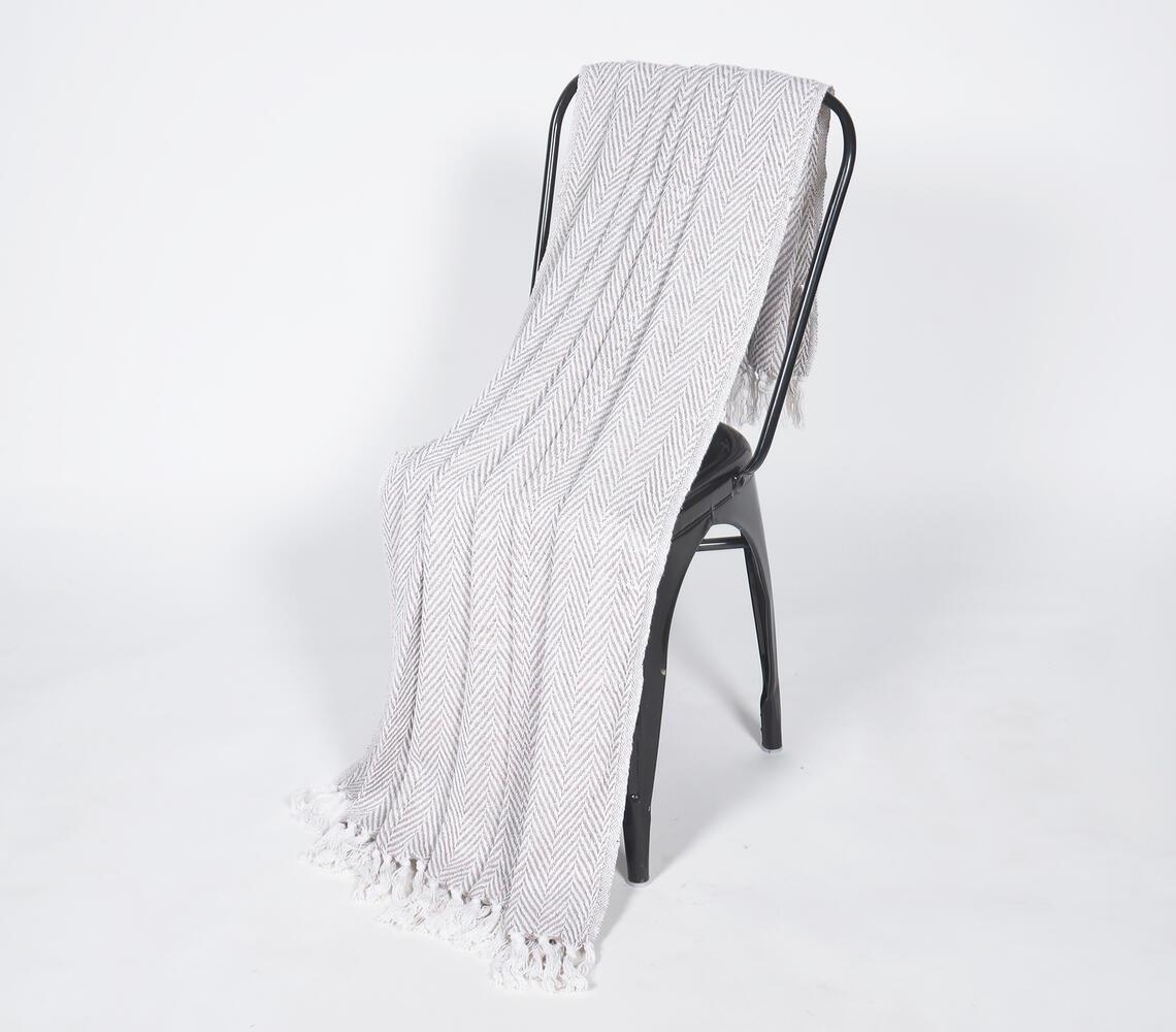 Handwoven Cotton Grey Chevron Tasseled Throw - GAAIA