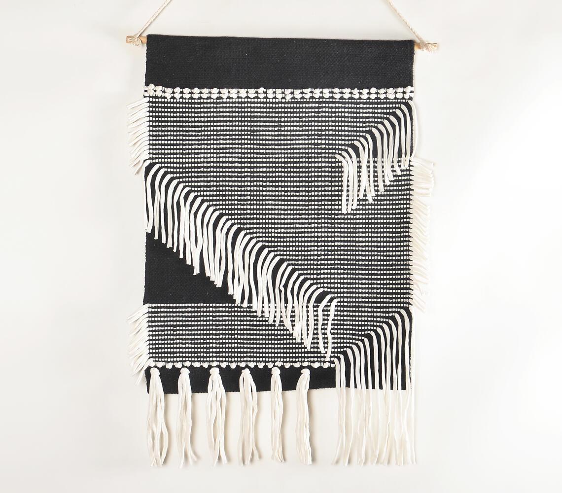 Handwoven Cotton Monochrome Fringed Wall Hanging - GAAIA