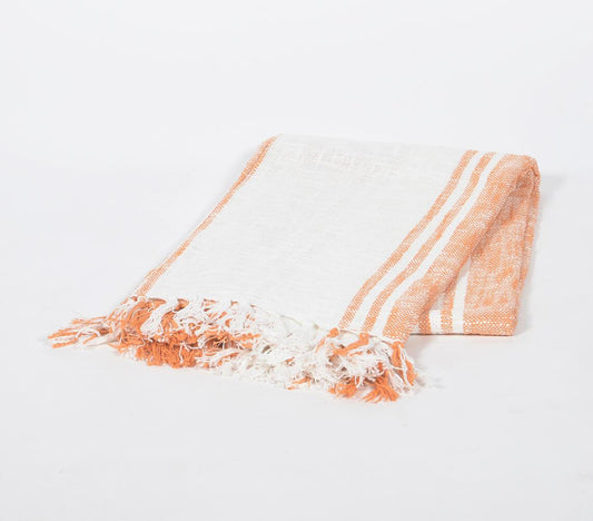 Handwoven Cotton Tangerine Striped Throw with Tassels - GAAIA