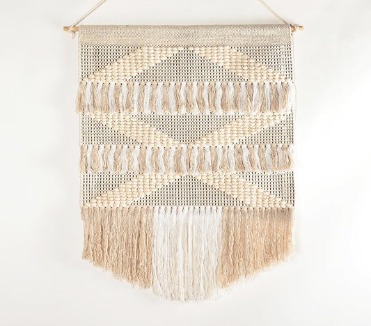 Handwoven cotton white & beige fringed wall hanging - GAAIA