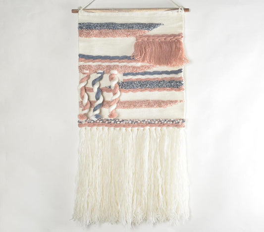 Handwoven Dusty Pink & Cadet Blue Fringed Wall Hanging - GAAIA