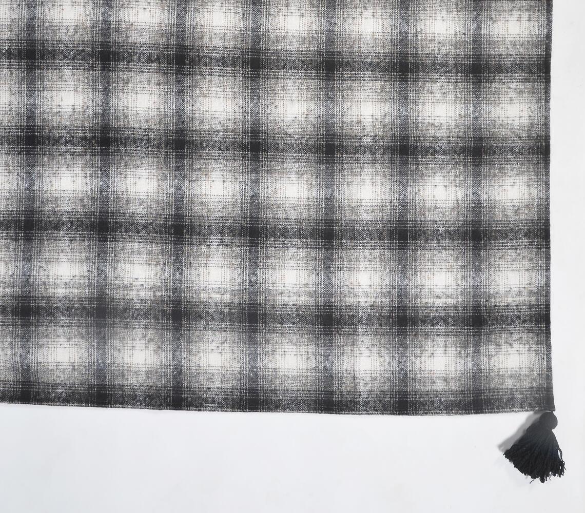 Handwoven Woolen Monochrome Tasseled Gingham Checks Throw - GAAIA