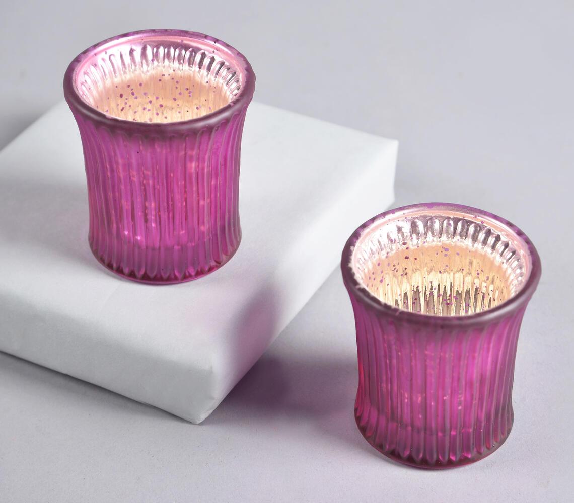 Mauve Tinted & Ribbed Glass Votives (set of 2) - GAAIA