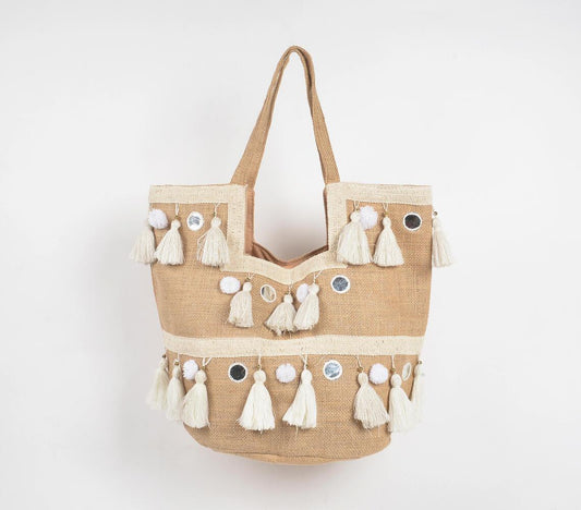 Mirrorwork & Tasseled Bohemian Jute Tote bag - GAAIA