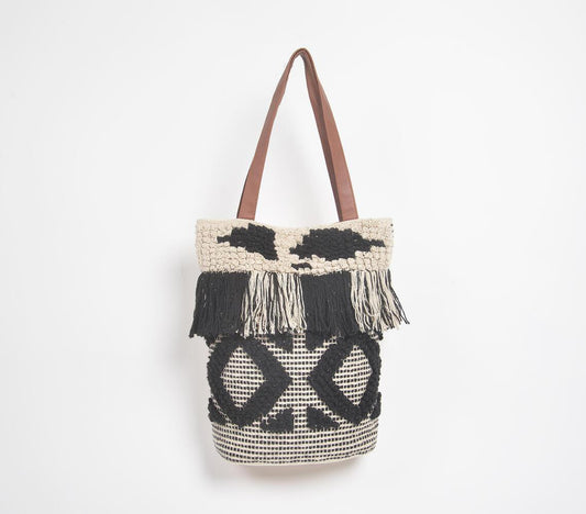 Monochrome Deco Tufted & Tasseled Tote Bag - GAAIA