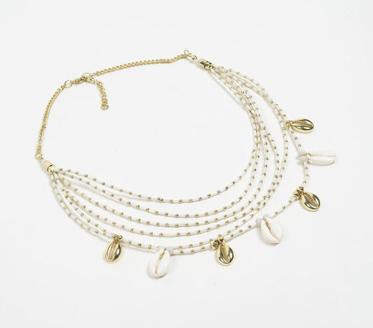 Monochrome-Toned Beads & Shell Layered Necklace with Extension Chain - GAAIA