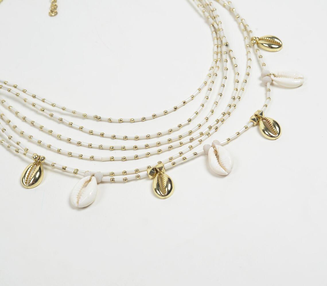 Monochrome-Toned Beads & Shell Layered Necklace with Extension Chain - GAAIA