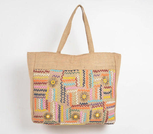 Multicolor Chevron Lines Jute Tote Bag - GAAIA