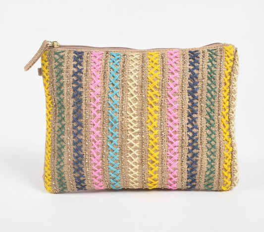 Multicolor Cross-Stitch Striped Jute Pouch - GAAIA