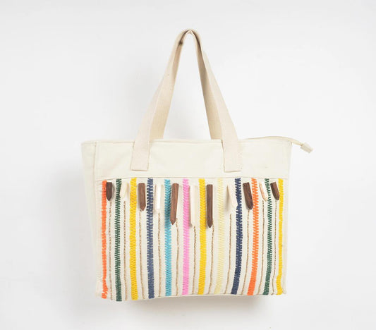 Multicolor Stripes White Canvas Tote Bag - GAAIA