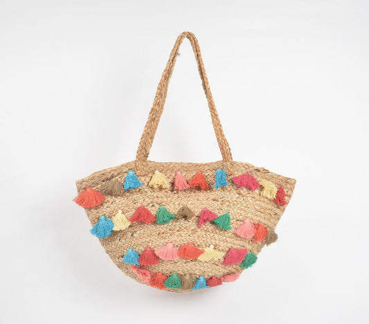 Multicolor Tasseled Jute Tote Bag - GAAIA