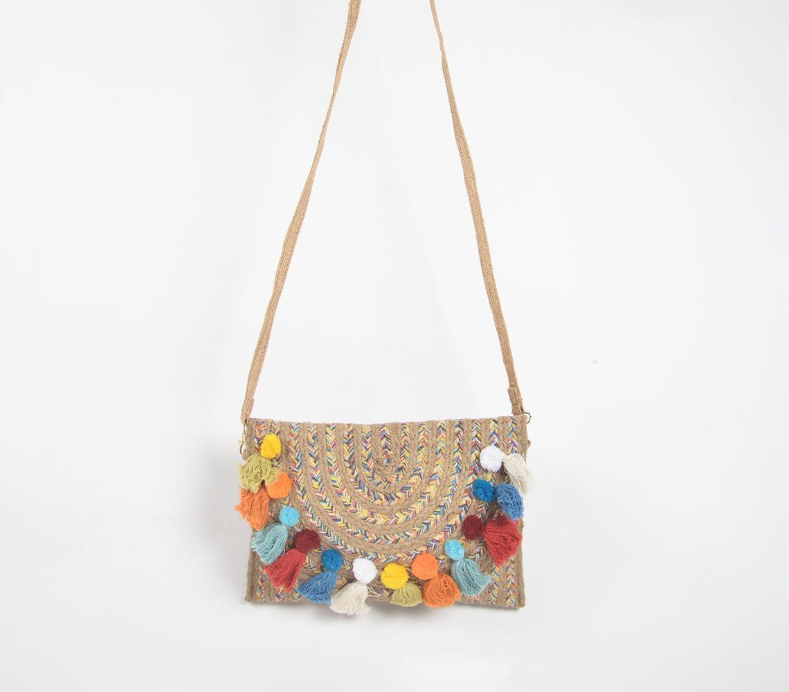 Multicolor Tassels Jute Sling Bag - GAAIA