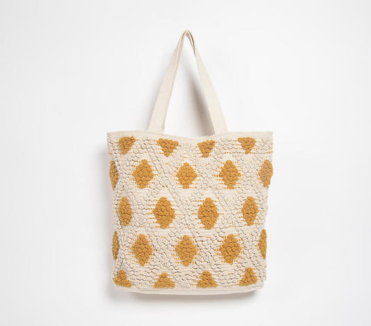 Mustard Diamond Tufted Cotton Tote Bag - GAAIA