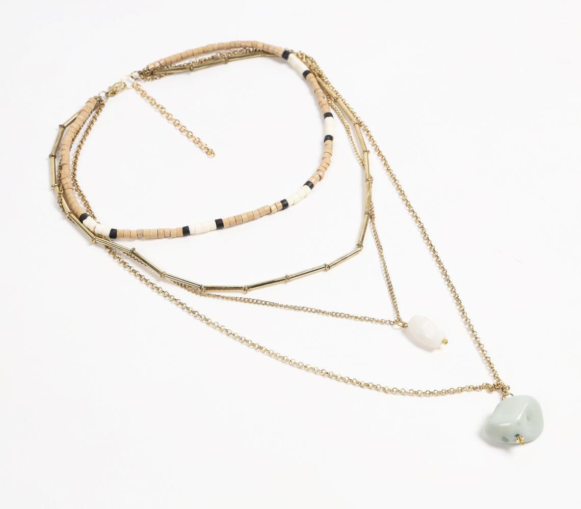 Natural Stone & Recycled Bone Layered Metallic necklace - GAAIA