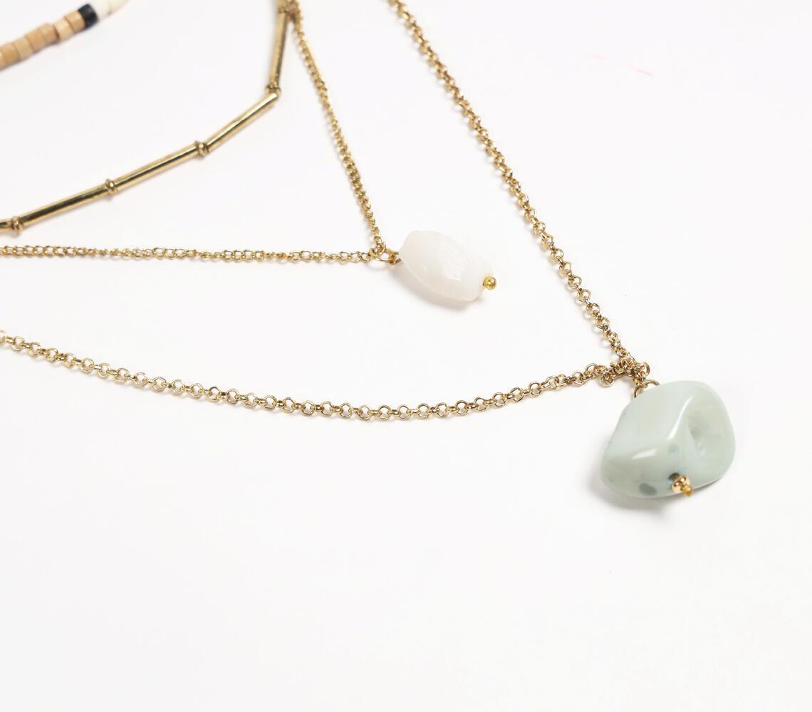 Natural Stone & Recycled Bone Layered Metallic necklace - GAAIA