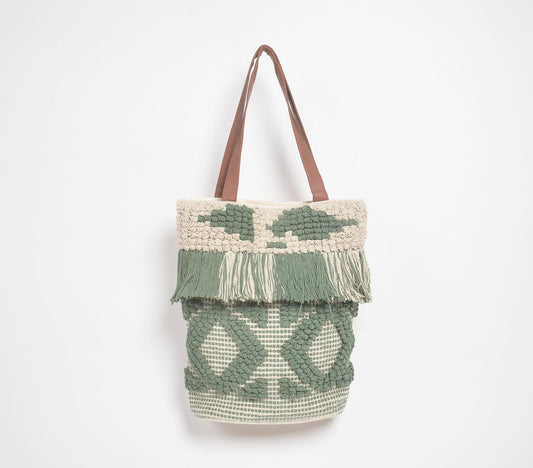 Olive Deco Tufted & Tasseled Tote Bag - GAAIA