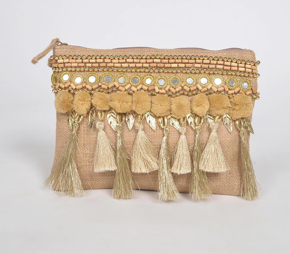 Pom-Pom & tassel Embellished Jute Pouch - GAAIA