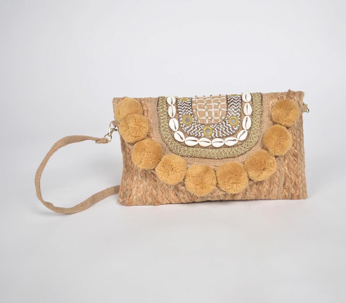 Pom-Pom Embellished & Braided Jute Sling Bag Q - GAAIA