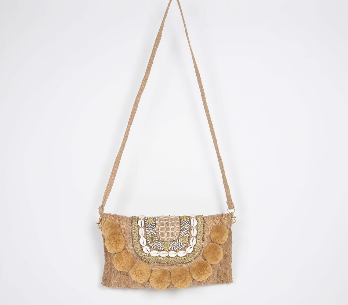 Pom-Pom Embellished & Braided Jute Sling Bag Q - GAAIA