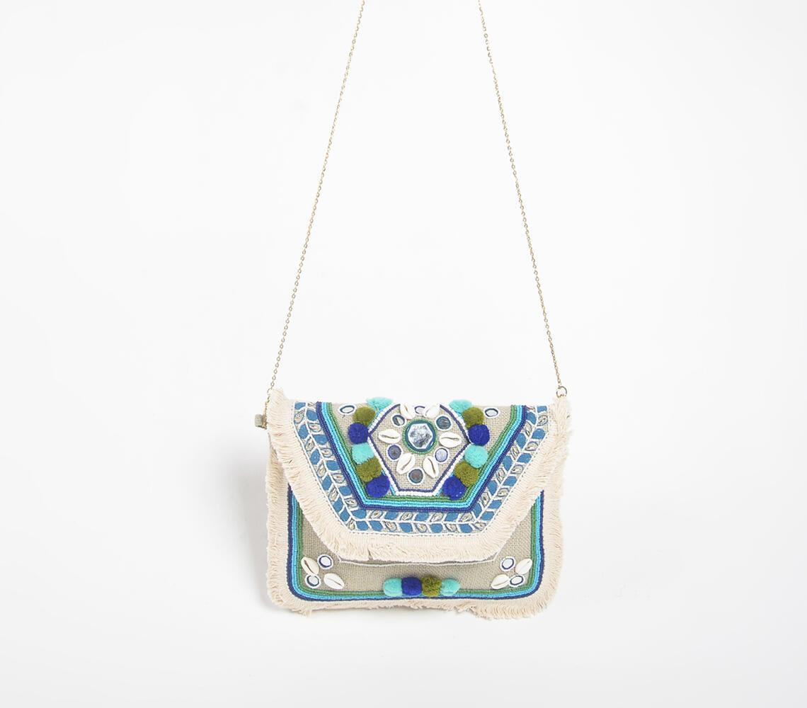 Pom-poms & Shells Aqua Crossbody Bag - GAAIA