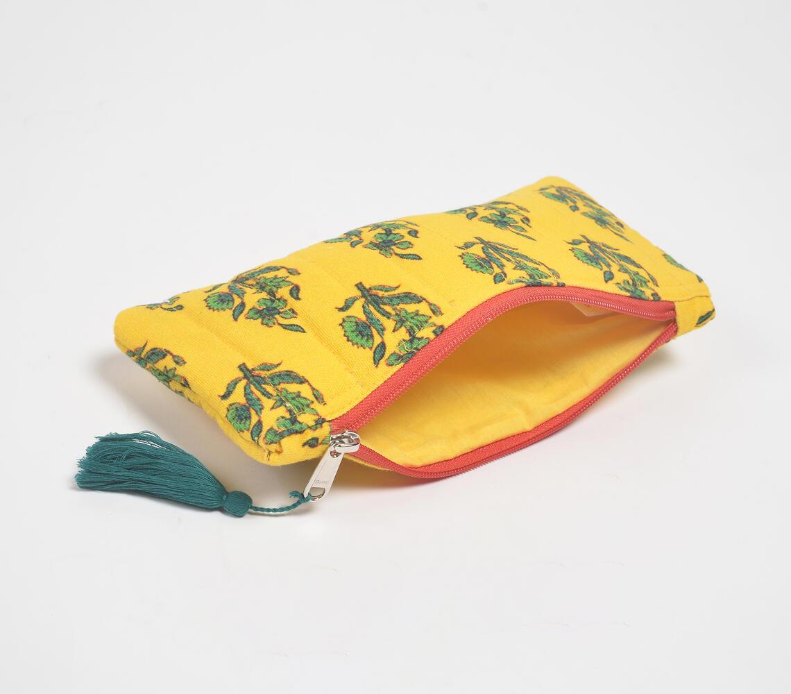 Quilted & Printed Yellow Tree Tasseled Travel Pouch - GAAIA