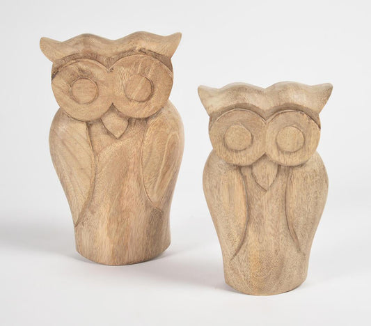 Raw Hand Carved Wooden Owl Figurines (Set of 2) - GAAIA