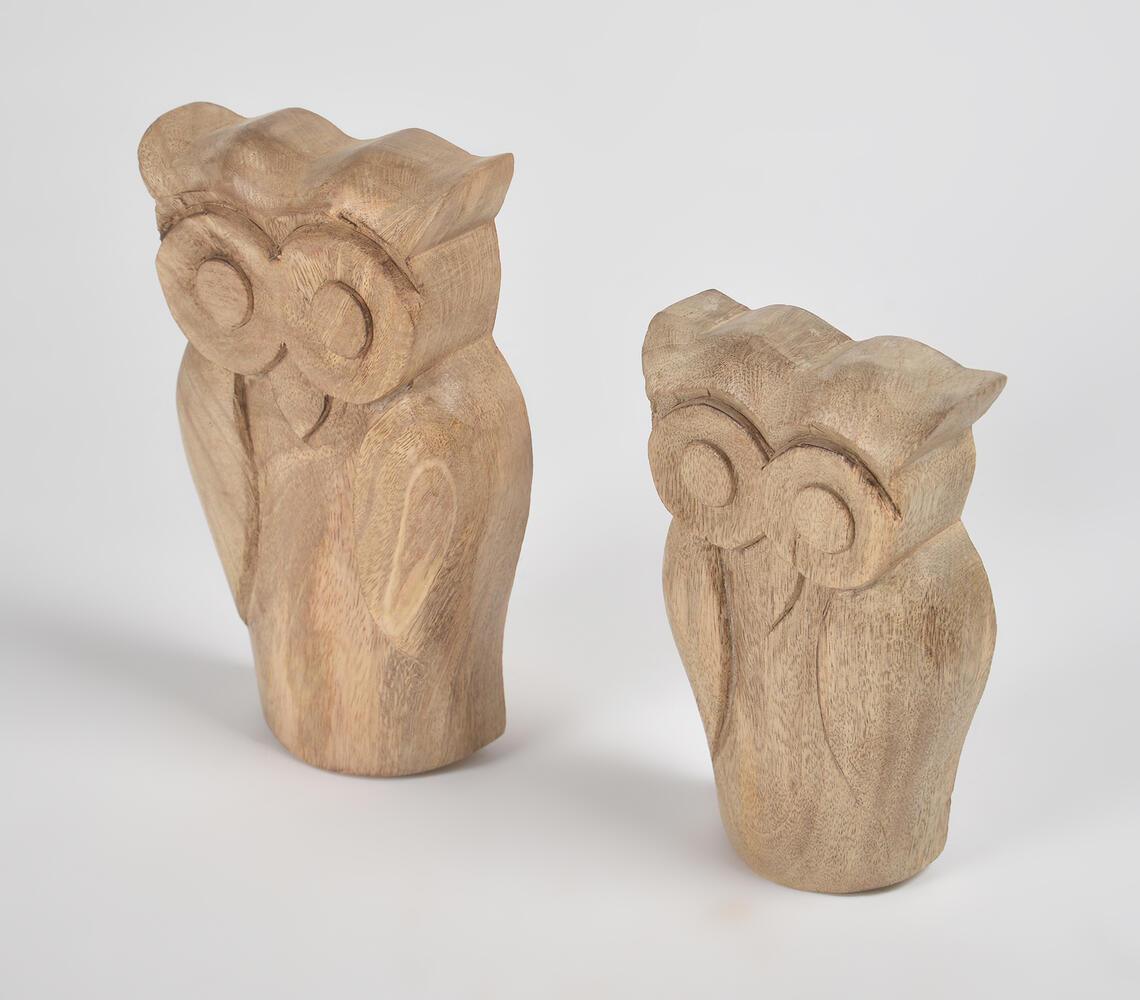 Raw Hand Carved Wooden Owl Figurines (Set of 2) - GAAIA