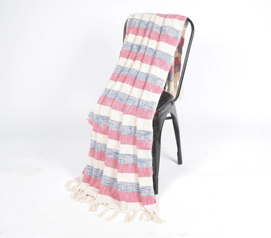 Red & Blue Striped Cotton Tasseled Throw - GAAIA