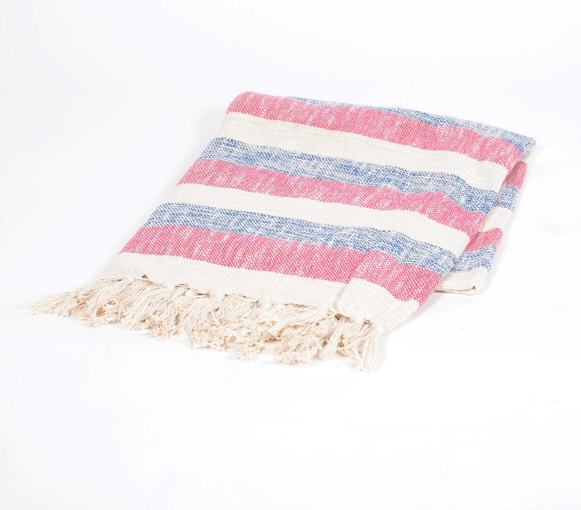 Red & Blue Striped Cotton Tasseled Throw - GAAIA