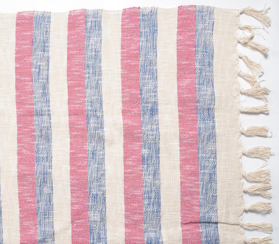 Red & Blue Striped Cotton Tasseled Throw - GAAIA