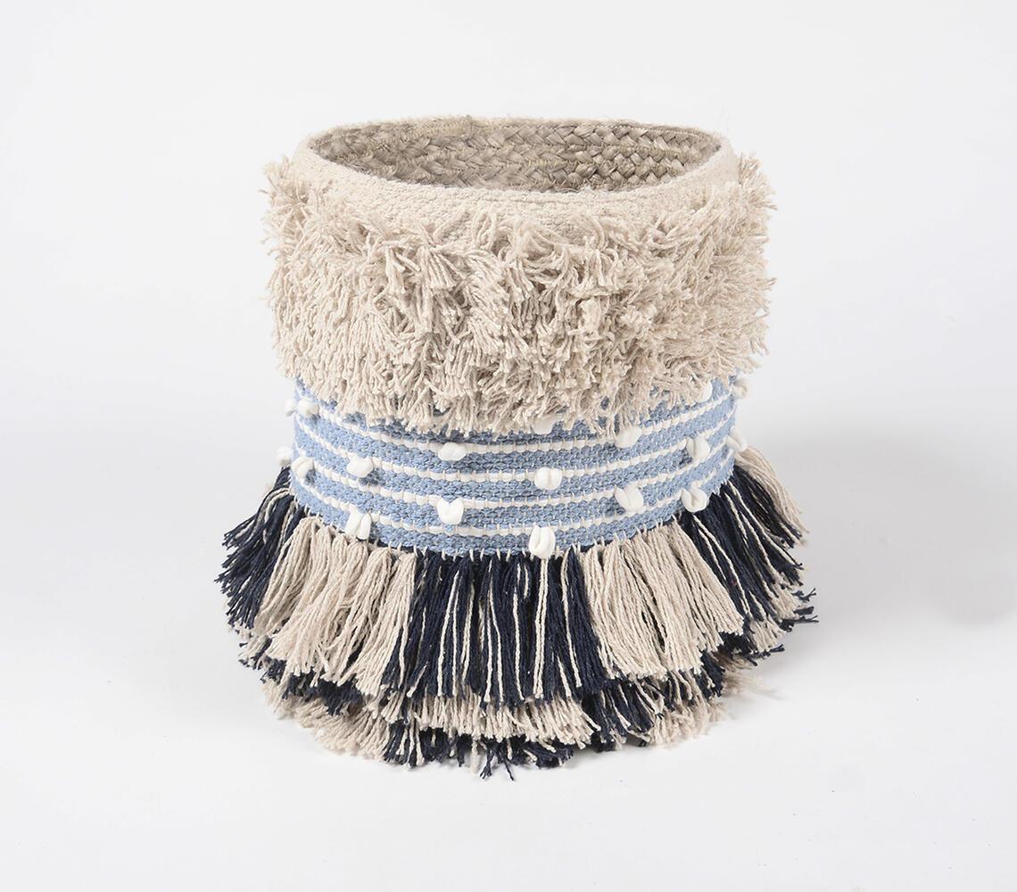 Shaggy Tasseled Cotton & Jute Blue Basket - GAAIA